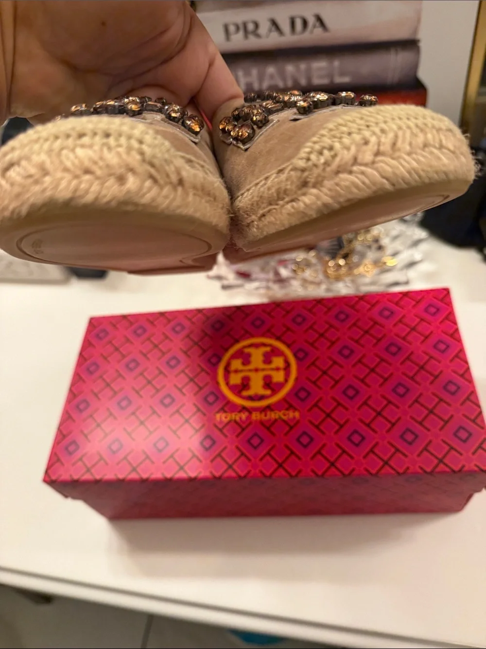 Tory Burch Beige Suede Espadrille with Embellished Logo